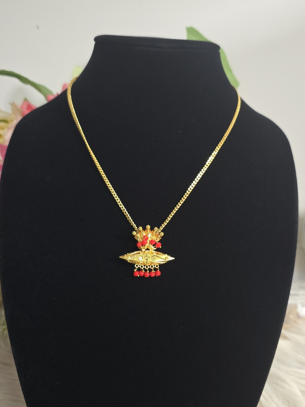 Gold Necklace with Red Bead Pendant Nealwari Tayo - Women Jewelry